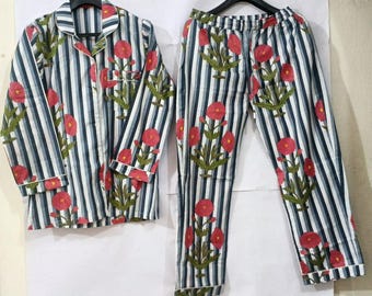 Pijama 100 % algodón con estampado floral indio, regalo para dama de honor, conjunto de pijama y camisa de algodón hecho a mano, ropa de estar bohemia con estampado floral.
