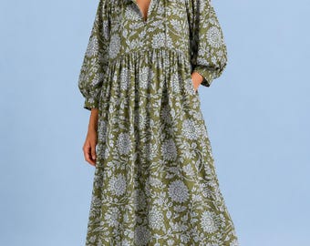 Indian Handmade 100% Cotton Midi Dress, Bohemian Summer Dress, Kyra Dress, Green Floral Print Mini Dress, Indian Hand Block Print Dresses