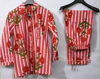 Pijama 100 % algodón, hecho a mano, con estampado de bloques a mano, con estampado floral rojo, camisa de algodón y pantalones cortos.