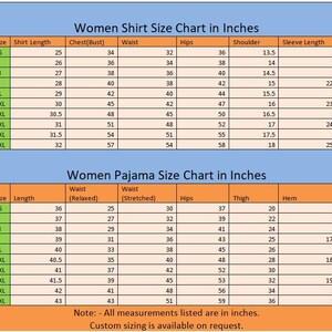 Puede incluir: Tabla de tallas de camisas y pijamas para mujer en pulgadas. Las tallas van de XS a 6XL, con medidas de largo, pecho, cintura, cadera, hombro y largo de manga para camisas. Los pijamas incluyen largo, cintura, cadera, muslo y dobladillo.