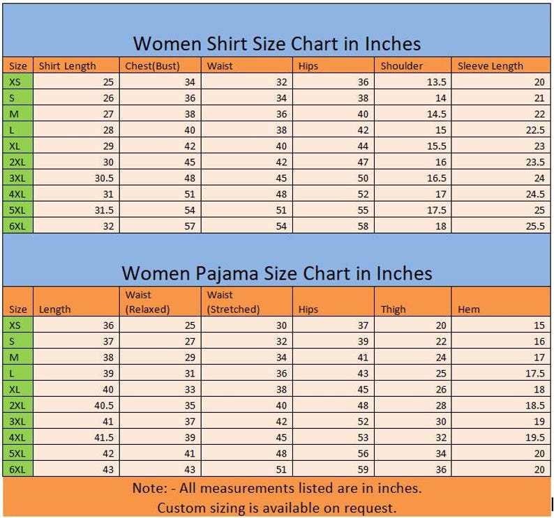 Puede incluir: Tabla de tallas de camisas y pijamas para mujer en pulgadas. Las tallas van de XS a 6XL, con medidas de largo, pecho, cintura, cadera, hombro y largo de manga para camisas. Los pijamas incluyen largo, cintura, cadera, muslo y dobladillo.