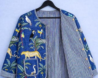 Jungle Print Quilted Jacket, Cotton Quilted Jacket For Women, Front Open Kimono Stripe piping Party Wear Jacket, Fashion Jacket Embroidery