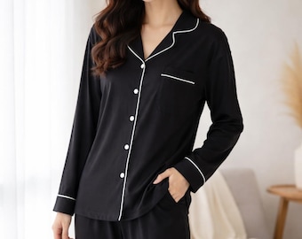 Conjunto de pijama negro de algodón para mujer, 100% algodón, manga larga, con botones, ropa de estar por casa suave y transpirable, pijama para damas de honor