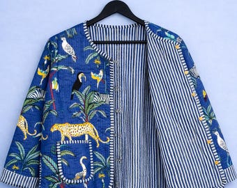 Jungle Print Quilted Jacket, Cotton Quilted Jacket For Men, Front Open Kimono Stripe piping Party Wear Jacket, Fashion Jacket Coat,