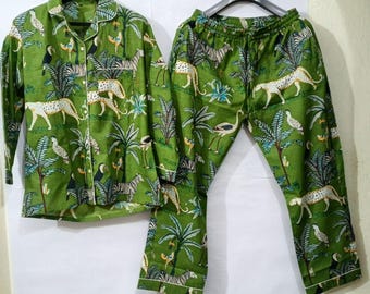 Pijama indio hecho a mano, 100 % algodón, con estampado de selva, para dormir, suave, de algodón puro, con estampado de bloques y pantalones cortos.