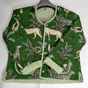 Jungle Print Quilted Jacket, Cotton Quilted Jacket For Women, Front Open Kimono Stripe piping Party Wear Jacket, Fashion Jacket Coat,