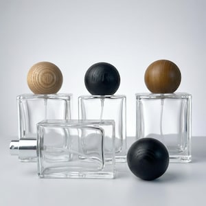 30ml 50ml Square Glass Perfume Bottle with Wooden Ball Cap, Clear Atomizer Packaging, Elegant Containers for Perfume, Room Spray & DIY Scent