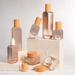 Op de afbeelding: Een collectie roségouden glazen cosmeticaverpakkingen met lichthouten doppen. De set bevat diverse rechthoekige flessen en potten, sommige met pompdoseerders en andere met schroefdeksels, gerangschikt in verschillende formaten.