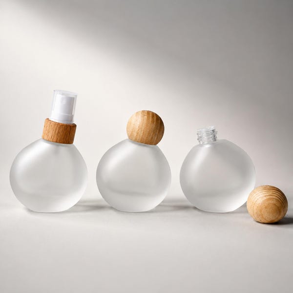 30ml Frosted Glass Spray & Toner Bottle, Round Toner Bottle with Wood Cap, Empty Skincare Face Mist Cosmetic Container