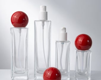 30ml 50ml 100ml 120ml Clear Glass Spray Lotion Bottle with Red Ball Cap, Square Refillable Perfume Atomizer