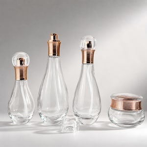 Peut inclure: Trois flacons en verre transparent en forme de goutte avec des collerettes striées en or rose, dotés de pompes vaporisatrices et de bouchons arrondis. À côté se trouve un petit pot en verre assorti avec un couvercle strié en or rose.