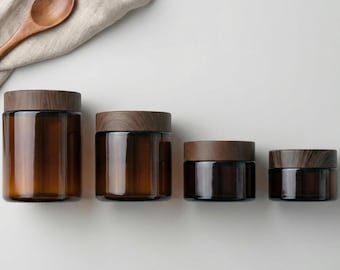 30g 50g 100g 150g Airtight Glass Jars, Dark Faux Wood Plastic Cap Amber Cosmetic Pots for Creams & Balms