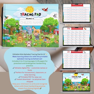May include: A children's tracing pad with a vibrant cover design, displaying the words "TRACING PAD" and "CHILD'S NAME". The image also shows digital alphabet tracing worksheets for kids, with the text "I CAN" and the letters A and Z.