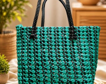 Handwoven Recycled Plastic Market Tote Bag | Reusable Beach Grocery Carry Bag