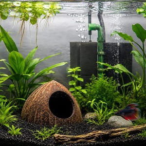 Peut inclure: Un aquarium d'eau douce avec une cachette en coque de noix de coco brune, un substrat noir et diverses plantes aquatiques vertes. Un poisson combattant bleu foncé et rouge nage près d'une pierre grise, avec un filtre vert à bulles en arrière-plan.