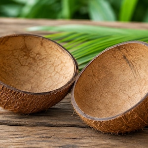 Puede incluir: Dos cáscaras de coco vacías con texturas exteriores marrones, rugosas y fibrosas, y un interior liso de color tostado claro. Las cáscaras son huecas, tienen forma de cuenco y muestran patrones orgánicos naturales en sus superficies.