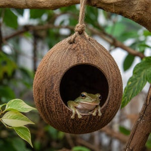 Puede incluir: Una cáscara de coco marrón y texturizada con una abertura circular, suspendida por una cuerda de yute gruesa. Una pequeña rana de color verde claro con ojos grandes y oscuros está dentro de la cáscara, apoyando sus patas delanteras en el borde.