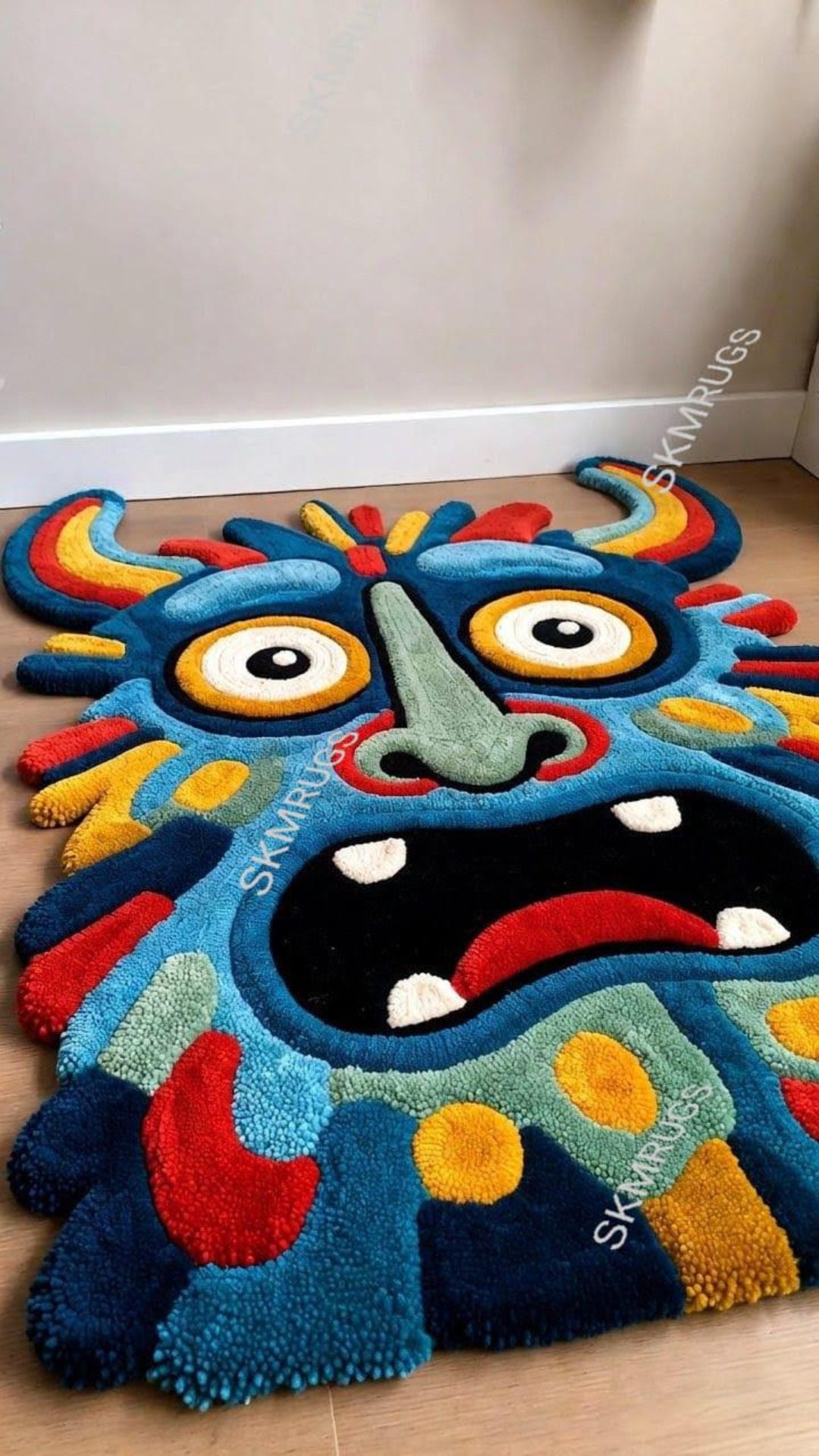 Monster Ink Rug Blue Monster Face Rug | Bold 3D Cartoon Carpet | Shaped Statement Area ...
