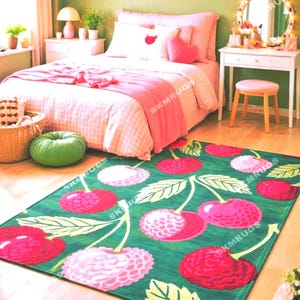 Raspberry Garden Carpet | Lush Green with Juicy Raspberry Motif | colorful rug | hand tufted