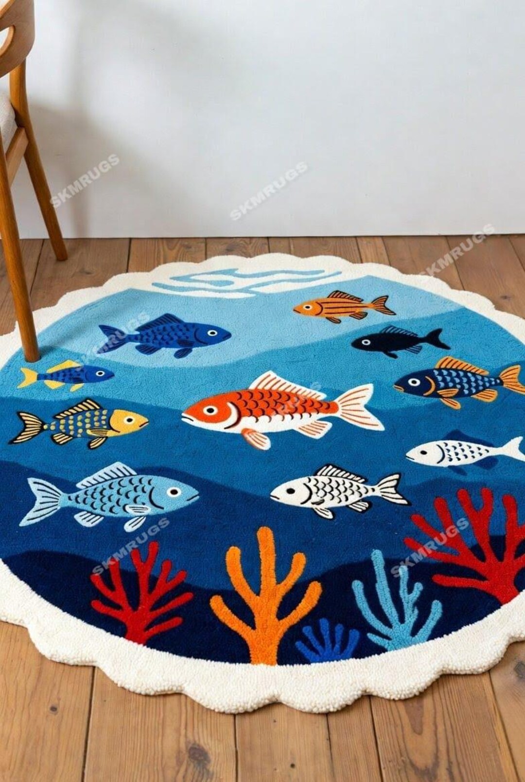Throw Rug Fish Ocean-themed Round Tufted Rug | Blue Underwater Fish Design | Handmade ...