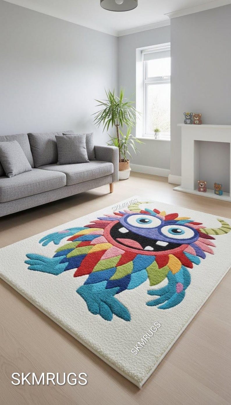 Pixel Monster Rug Colorful Monster Kids Rug | Cartoon Character Carpet | Fun 3D Plush ...