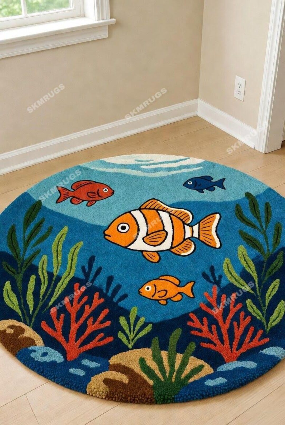 Throw Rug Fish Kids Ocean Fish Round Rug | Cartoon Clownfish Design | Handmade Tufted ...