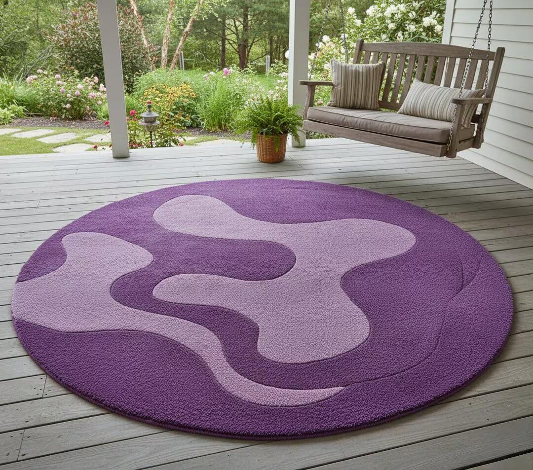 Purple Roung Rug Purple Round Sculpted Rug | Modern Abstract Waves | 3D Carved Circle ...