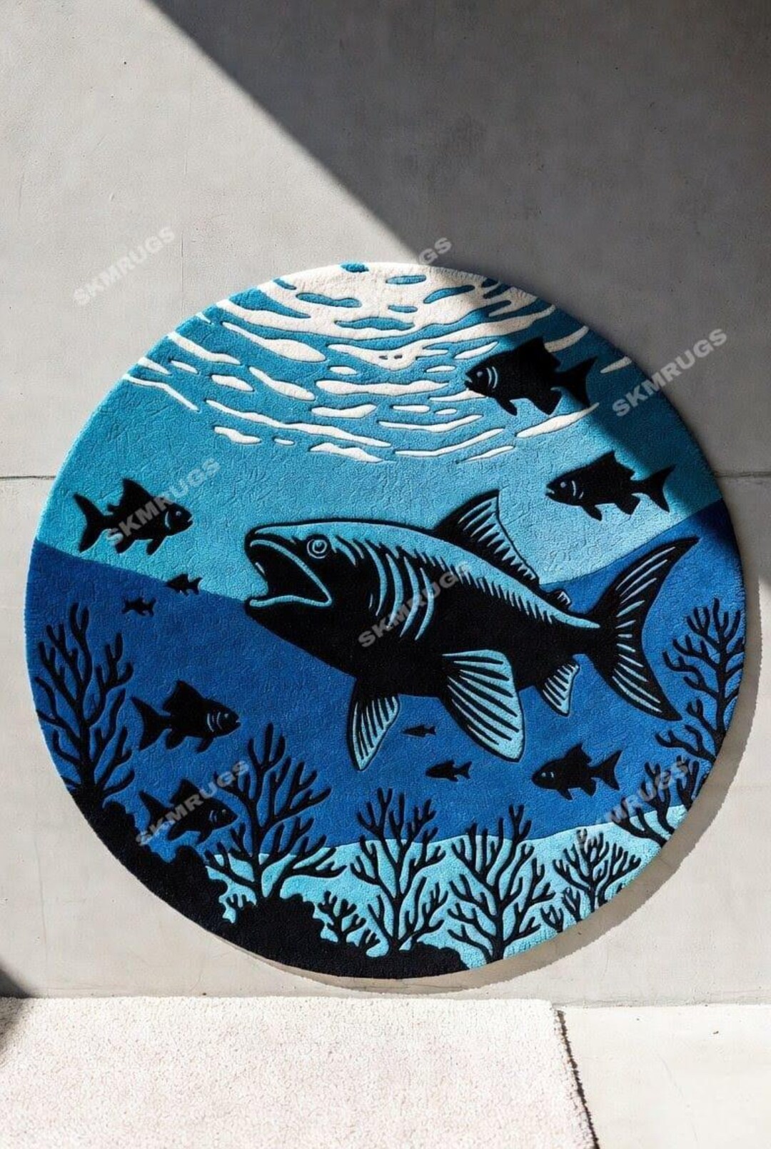 Custom Fish Can Rug Ocean Blue Fish Round Rug | Underwater Theme | Handmade Tufted Carpet ...