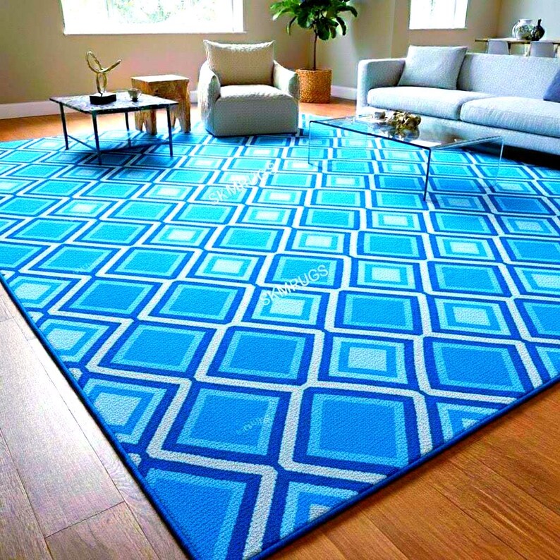 Geometric Pattern Blue Rug - Elevate Your Interior Design | Bold Square ...