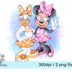 Myszka Minnie i Daisy, Letnia Plaża Słodkie Clipart PNG Pliki CYFROWE POBIERANIE Do Wydruku