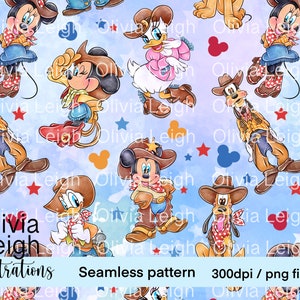 Cute Mickey, Minnie And Friends, Cowboy, Cowgirl. Seamless Repeat Pattern. Digital Paper. DIGITAL DOWNLOAD
