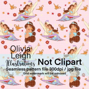 May include: A seamless pattern featuring a pink background with a repeating design of a couple riding on a magic carpet, stars, and flowers. The couple is dressed in traditional Arabian clothing. The text "Olivia Leigh Illustrations Not Clipart" is at the bottom of the image.
