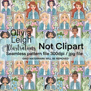 May include: A seamless pattern featuring illustrations of various cartoon characters in frames, set against a floral background. The text "Olivia Leigh Illustrations Not Clipart" is visible. The pattern is designed for digital use.
