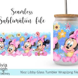 Archivo PNG de envoltura de sublimación de Minnie Mouse bebé DESCARGA DIGITAL Diseño de vaso de vidrio de 16 oz