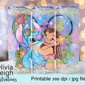 May include: A tumbler featuring a colorful illustration of Lilo and Stitch embracing, set against a blue and purple background with floral accents. The design includes hearts and glitter, with the text "Olivia Leigh Illustrations" and "Printable 300 dpi / jpg file".