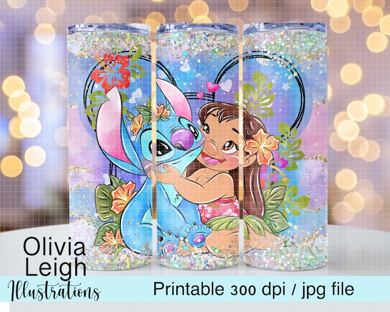 May include: A tumbler featuring a colorful illustration of Lilo and Stitch embracing, set against a blue and purple background with floral accents. The design includes hearts and glitter, with the text "Olivia Leigh Illustrations" and "Printable 300 dpi / jpg file".