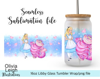 Alice In Wonderland Sublimation Wrap PNG File DIGITAL DOWNLOAD 16oz Glass Tumbler Design