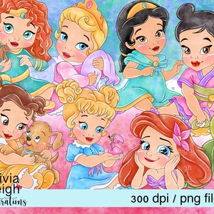 Set von Baby Kleinkind Prinzessinnen Cinderella, Belle, Jasmin. Ariel, niedliche Clipart PNG-Dateien DIGITAL DOWNLOAD Printable