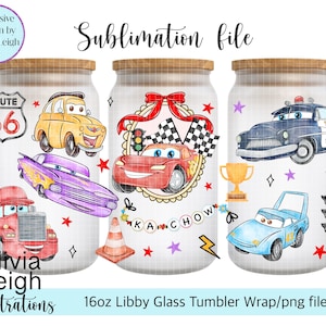 May include: Three glass tumbler wraps with cartoon car designs. The wraps feature a Route 66 sign, a red race car, a police car, and other vehicles. The text "Sublimation file" and "16oz Libby Glass Tumbler Wrap/png file" are also visible.