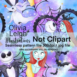 Peut inclure: Un motif sans couture représentant Jack Skellington et Sally du film L'Étrange Noël de monsieur Jack. Le motif est sur un fond aquarelle violet et bleu avec des étoiles et des chauves-souris. Le texte "Olivia Leigh Illustrations Not Clipart" est inclus dans l'image.