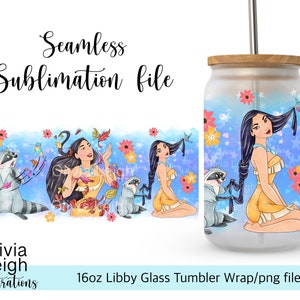 Cute Princess Pocahontas Sublimation Wrap PNG File DIGITAL DOWNLOAD 16oz Glass Tumbler Design