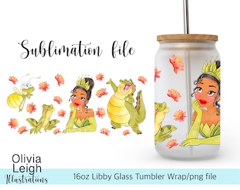 Princess Tiana, The Princess and The Frog, Wrap PNG File DIGITAL DOWNLOAD 16oz Glass Tumbler Design