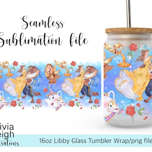 Princesa Bella, La Bella y la Bestia, Envoltura Archivo PNG DESCARGA DIGITAL Diseño de vaso de vidrio de 16 oz