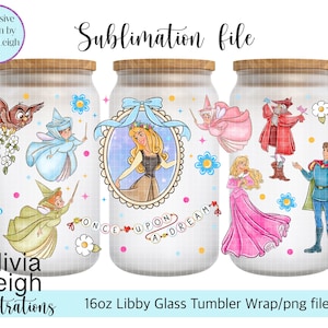 May include: Three 16oz glass tumblers with sublimation wraps featuring a fairytale theme. The wraps include images of Cinderella, a fairy godmother, a prince, and a princess. The text "Once Upon A Dream" is included on the wraps.