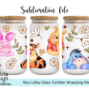 Archivo Png de envoltura de taza de Winnie The Pooh, Eeyore, Tigger y Piglet DESCARGA DIGITAL Diseño de vaso de vidrio de 16 oz para impresión UVDTF.
