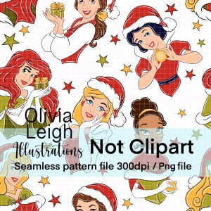 May include: A seamless pattern featuring various Disney princesses dressed in red and green Christmas outfits with Santa hats. The princesses are holding gifts and ornaments. The background is white with yellow stars.