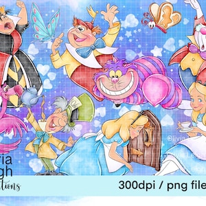 Uroczy Alicja w Krainie Czarów Clipart Set PNG Pliki Rysowane Ręcznie CYFROWE POBIERANIE