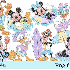 Mickey, Minnie y sus amigos: Verano, playa, piscina, lindo conjunto de imágenes prediseñadas pastel, archivos PNG dibujados a mano, descarga digital