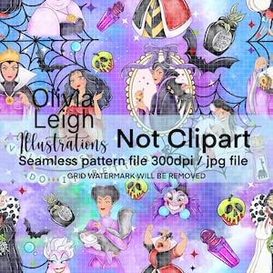 May include: A seamless pattern design featuring illustrations of Disney villains on a purple and blue background. The design includes poison apples, bats, and potion bottles. Text includes "Olivia Leigh Illustrations Not Clipart".