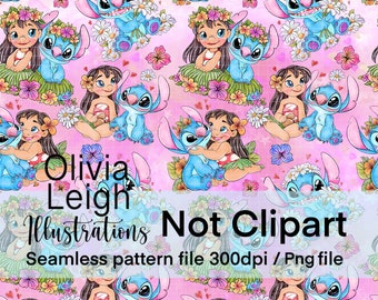 LILO And Stitch Summer Floral Pink Cute Seamless Pattern. Digital Paper. DIGITAL DOWNLOAD Printable